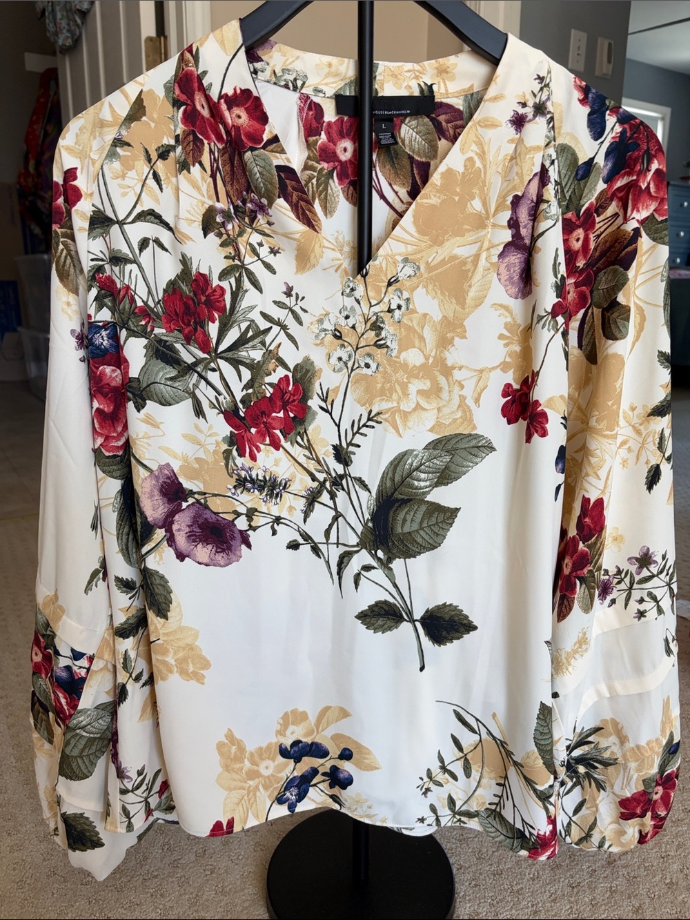 White House Black Market Ivory Floral V-Neck Blouse with Red & Green Accents